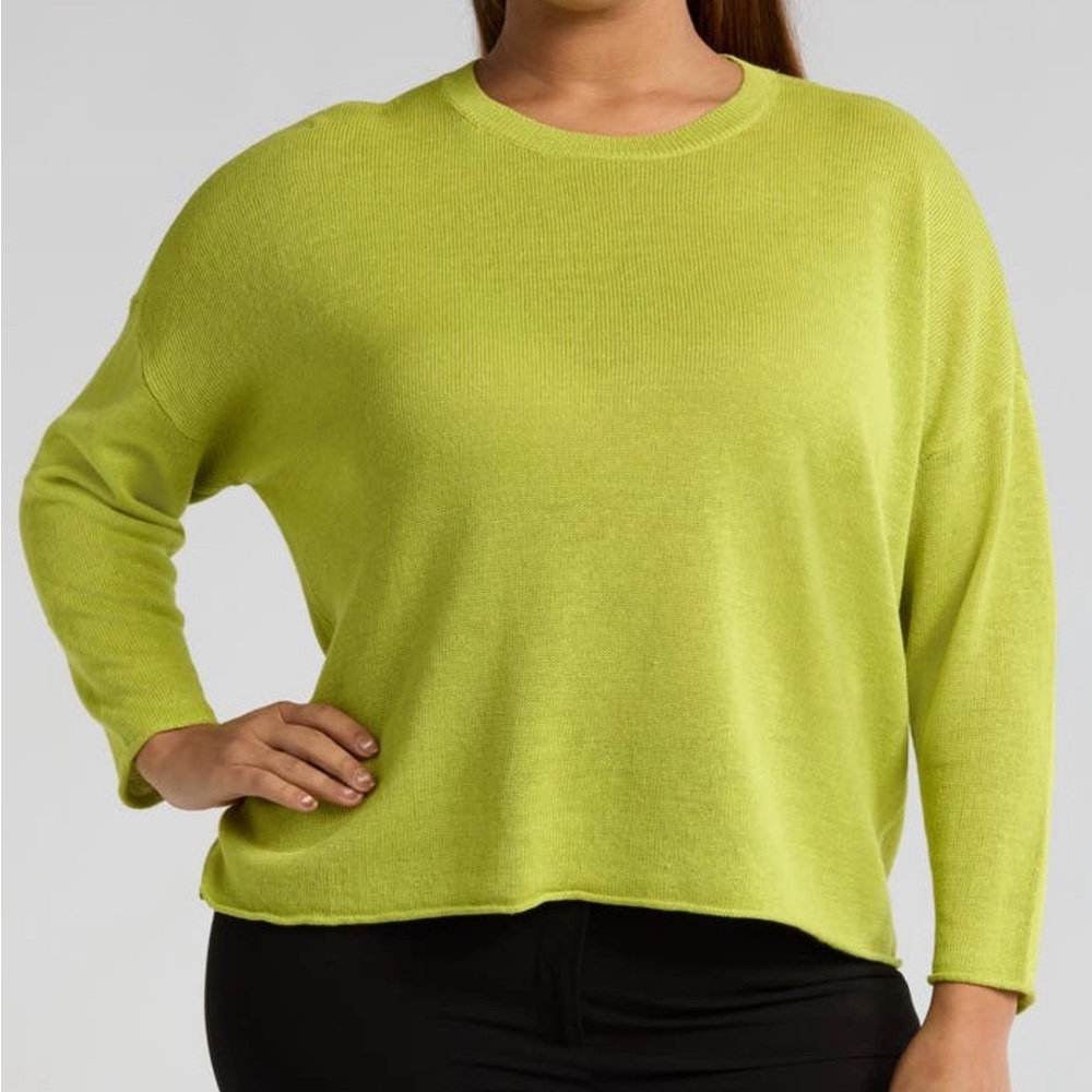 Eileen Fisher Sweater Organic Cotton Linen Crew Neck Chartreuse Large